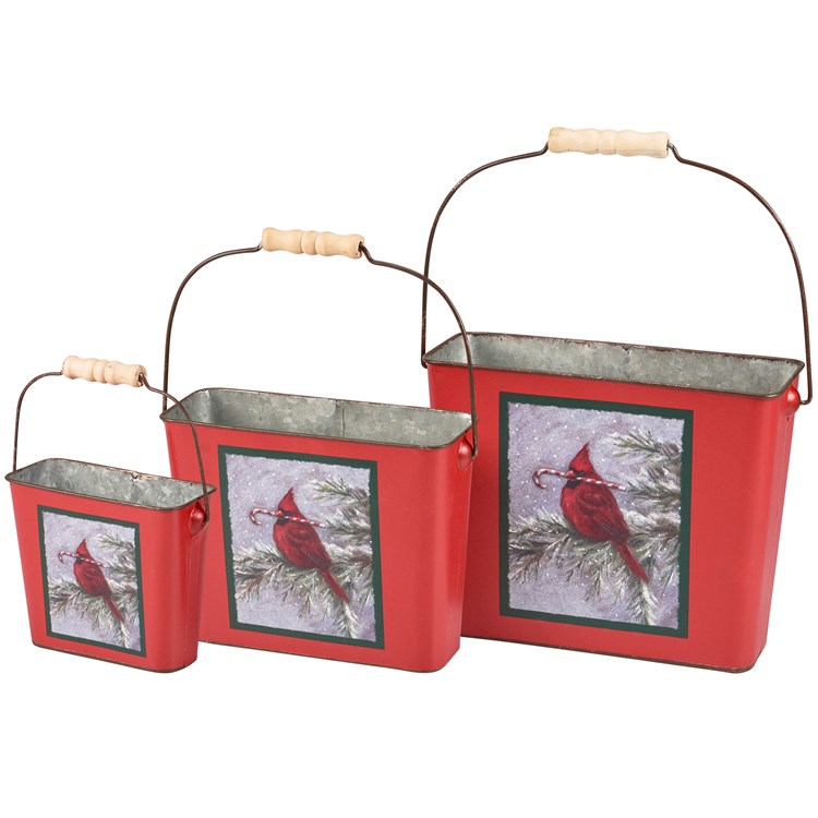 Winter Cardinal Bucket Set - Metal, Paper, Wood