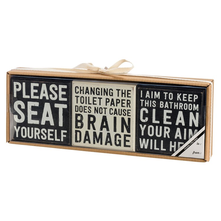 Bathroom Box Sign Set - Wood