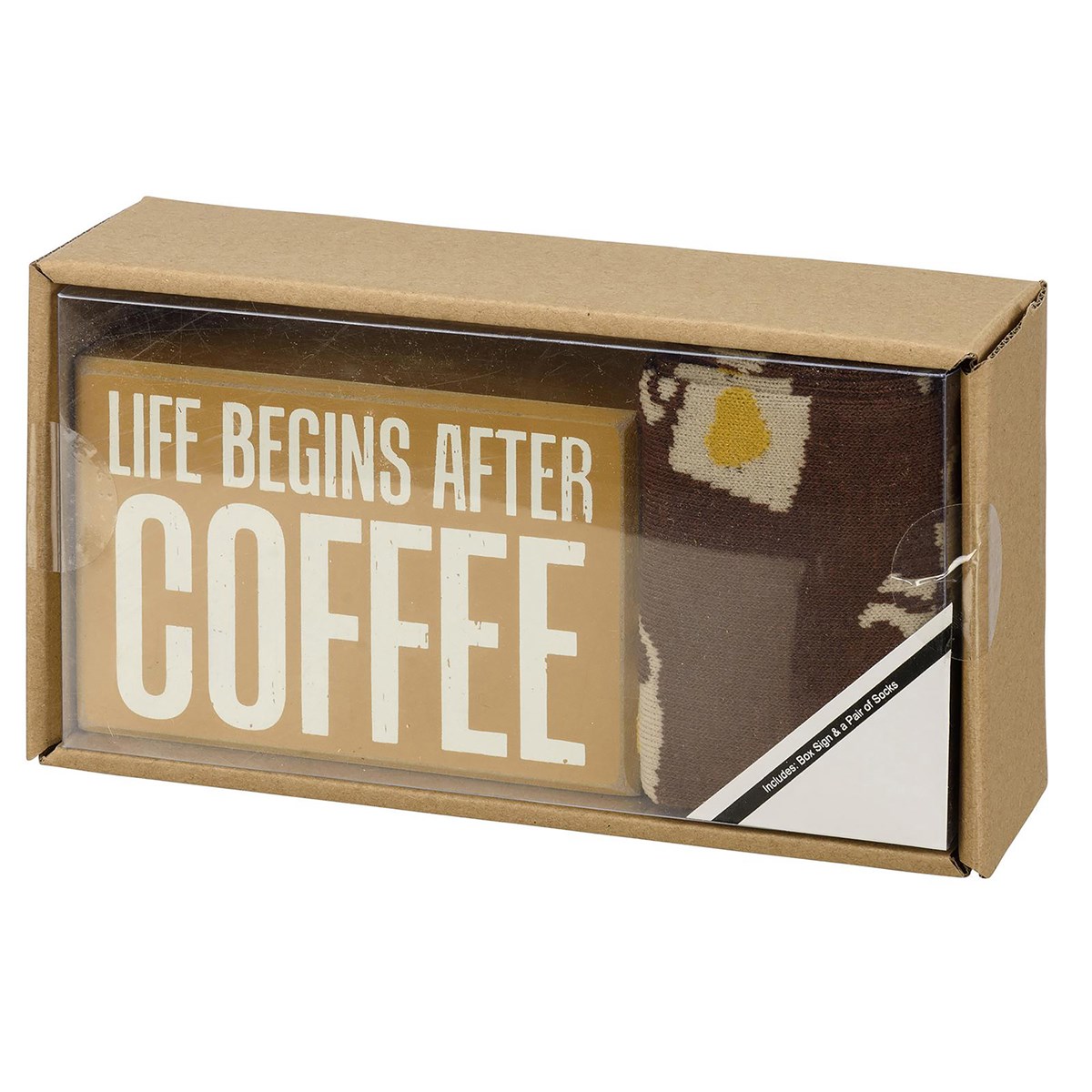 After Coffee Box Sign And Sock Set - Wood, Cotton, Nylon, Spandex