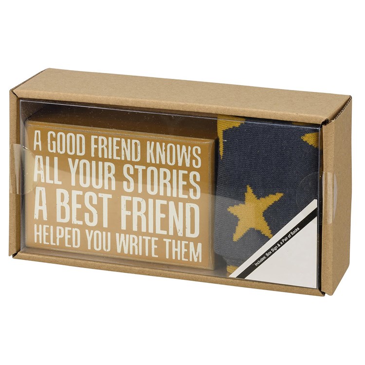 Best Friend Box Sign And Sock Set - Wood, Cotton, Nylon, Spandex
