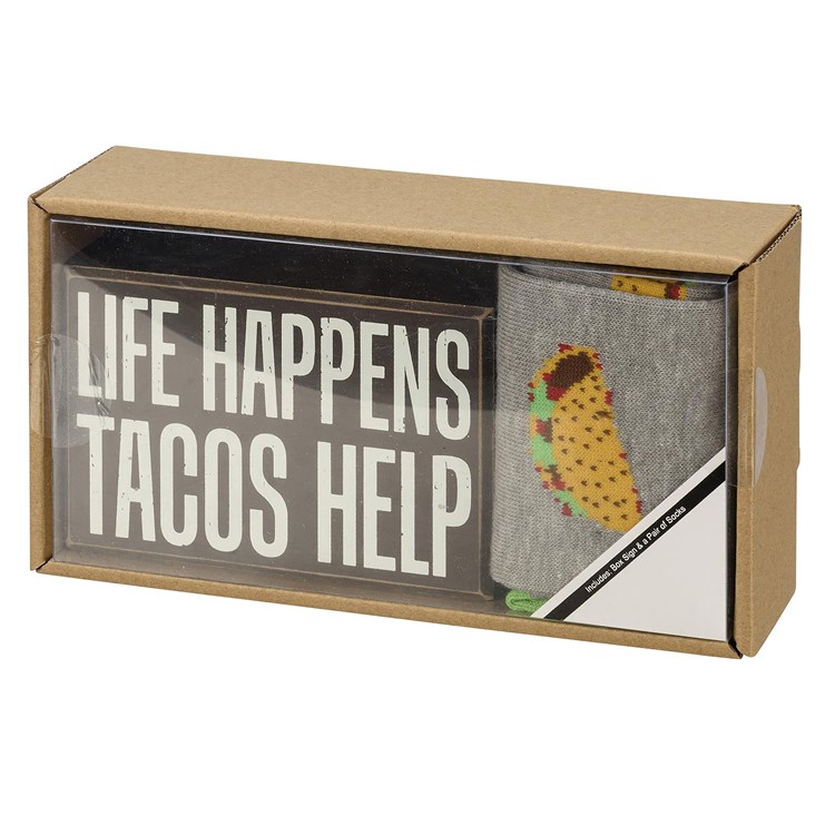 Tacos Help Box Sign And Sock Set - Wood, Cotton, Nylon, Spandex