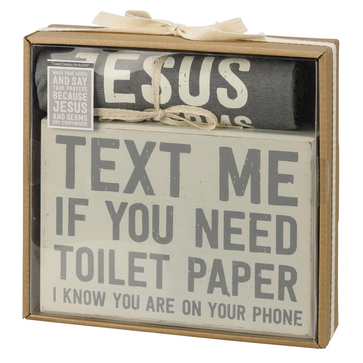 Text Me Box Sign And Towel Set - Wood, Cotton