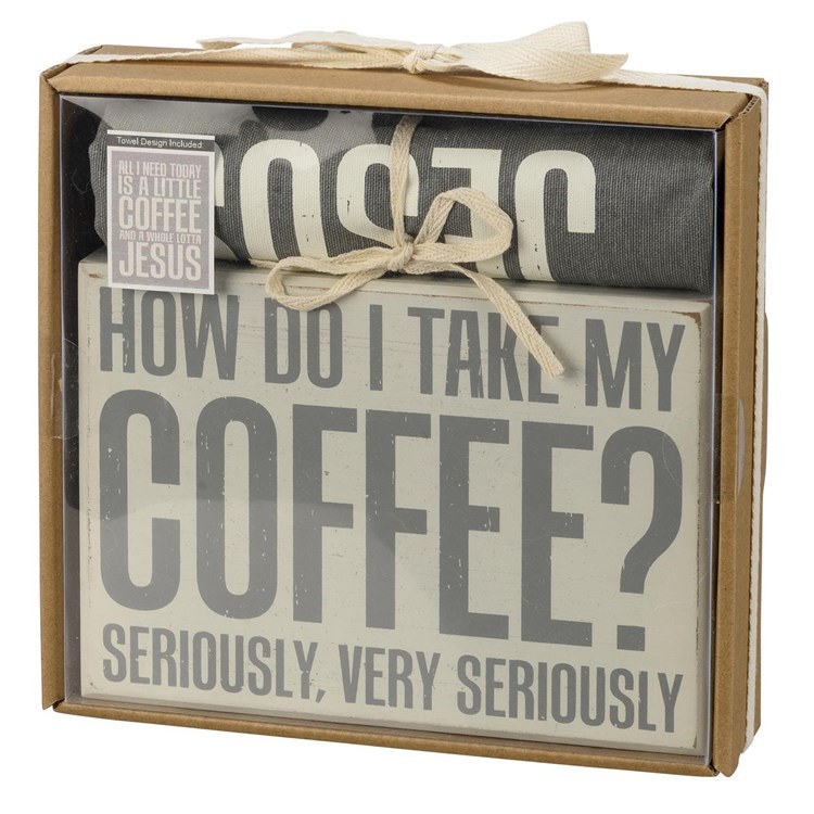 Coffee And Jesus Box Sign And Towel Set - Wood, Cotton