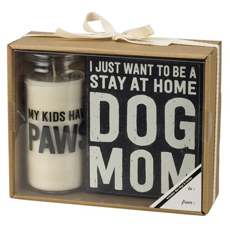 Box Sign Candle Set - Dog Mom - 4.50" x 5.50" x 1.75", 2.50" Diameter x 5.50"; Box: 7.25" x 5.75" x 2.75" - Wood, Soy Wax, Glass