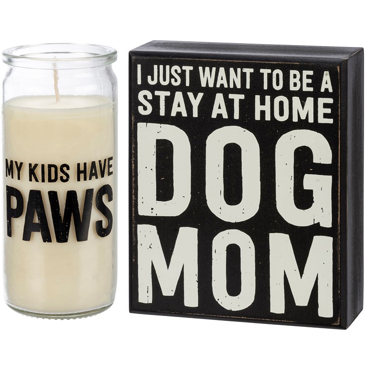Dog Mom Box Sign And Candle Set - Wood, Soy Wax, Glass