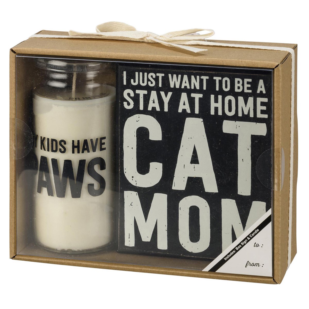 Cat Mom Box Sign And Candle Set - Wood, Soy Wax, Glass
