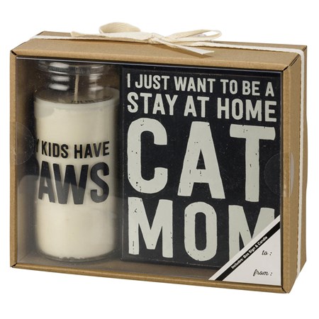 Box Sign Candle Set - Cat Mom - 4.50" x 5.50" x 1.75", 2.50" Diameter x 5.50"; Box: 7.25" x 5.75" x 2.75" - Wood, Soy Wax, Glass