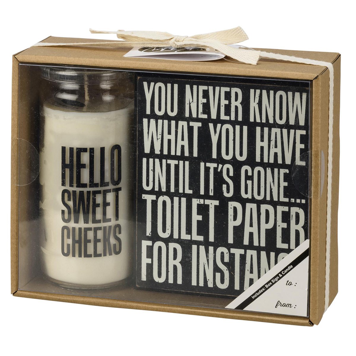 Toilet Paper Box Sign And Candle Set - Wood, Soy Wax, Glass