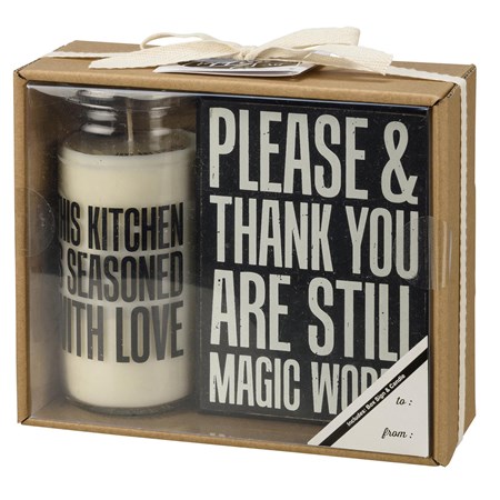 Box Sign Candle Set - Kitchen - Box Sign: 4" x 5.50" x 1.75", Candle: 2.50" Diameter x 5.50" - Wood, Soy Wax, Glass