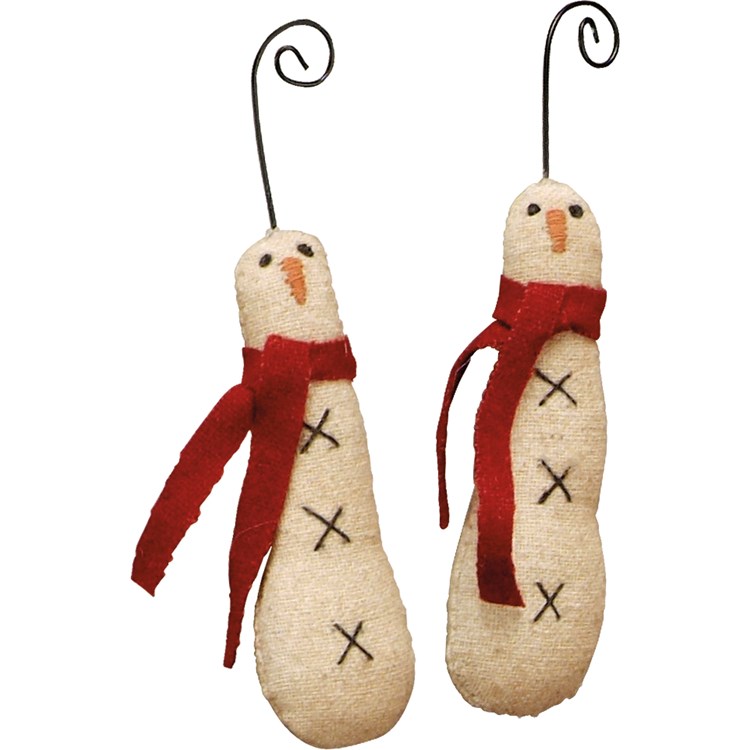 Ornament Set - Skinny Snowman - 1" x 3" x 0.75", Plus wire - Cotton, Wire