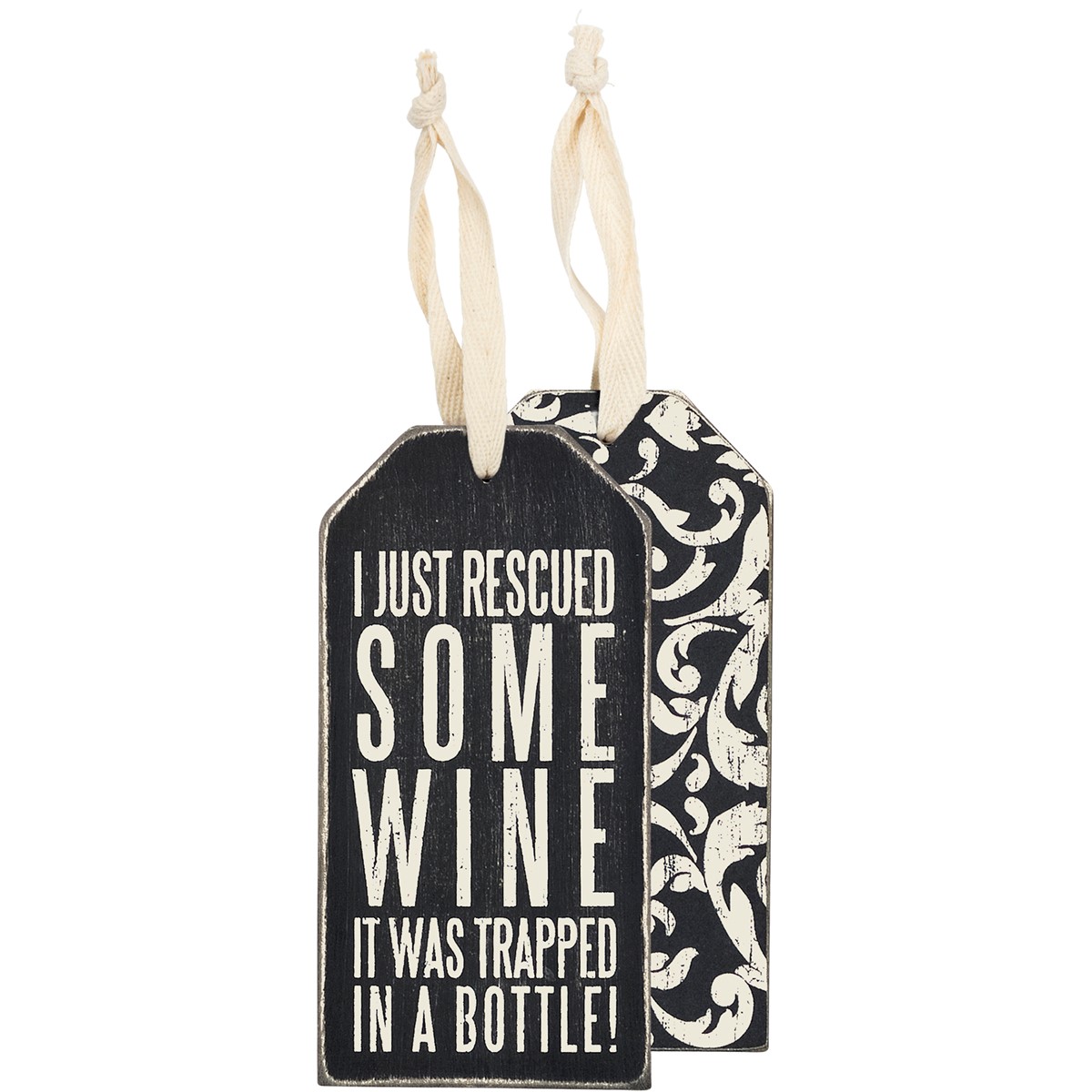 Bottle Tag - Rescued Wine - 3" x 6" - Wood, Paper, Ribbon