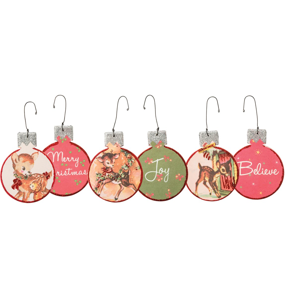 Retro Christmas Deer Ornament Set - Wood, Paper, Wire, Glitter