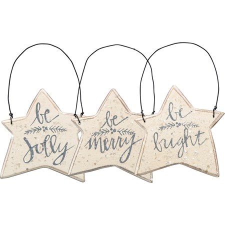 Ornament Set - Be Merry Star - 3.50" x 3.50" - Wood, Wire, Mica