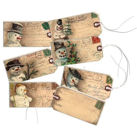 Vintage Frosty Gift Tag Set - Wood, Paper, Cord, Glitter