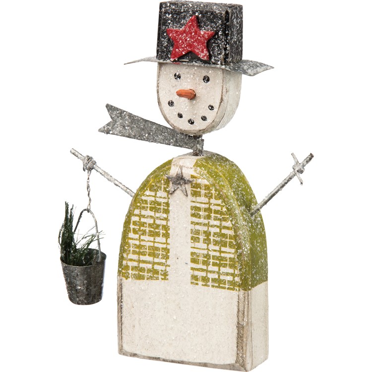 Green Snowman Chunky Sitter - Wood, Metal, Wire, Mica