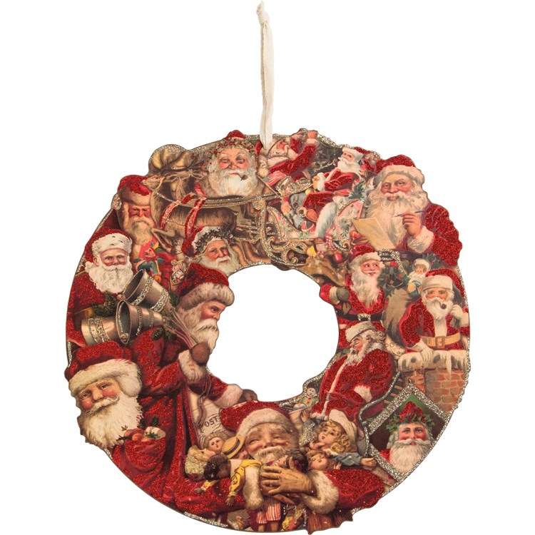 Santa Postcard Wreath - Wood, Paper, Cotton, Glitter