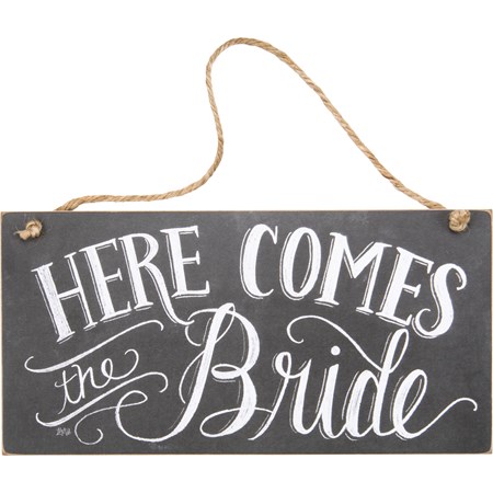 Chalk Sign - Here Comes - 12" x 6" x 0.25" - Wood, Paper, Jute