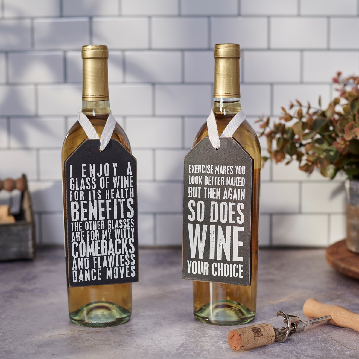 Glass Of Wine Bottle Tag - Wood, Cotton