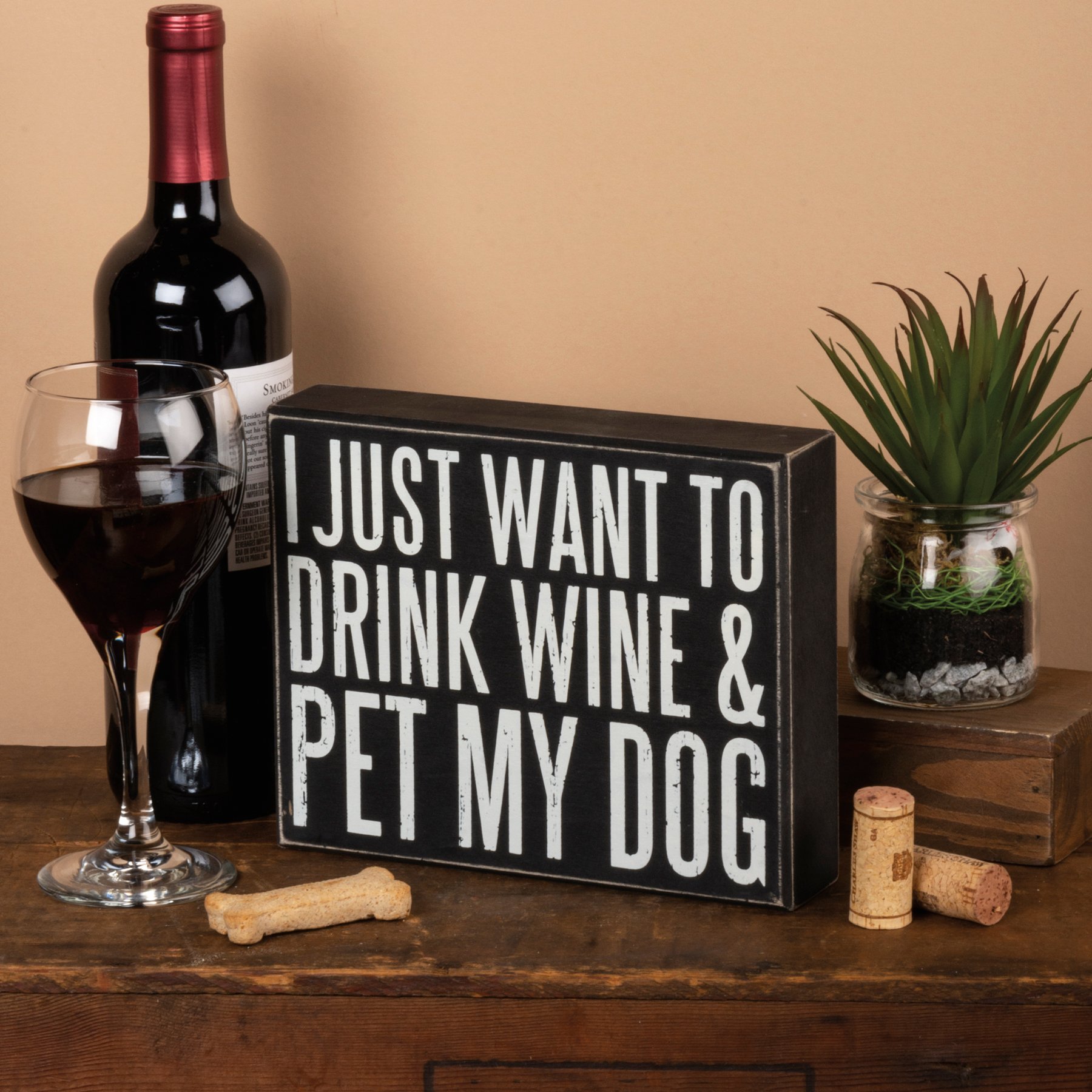 Primitives by Kathy 28663 Classic Box Sign 8 x 6.5 Wine and Pet My Dog 
