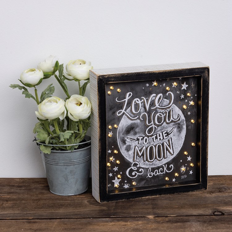 Love You To The Moon And Back Lighted Chalk Sign - Wood, Paper, Lights
