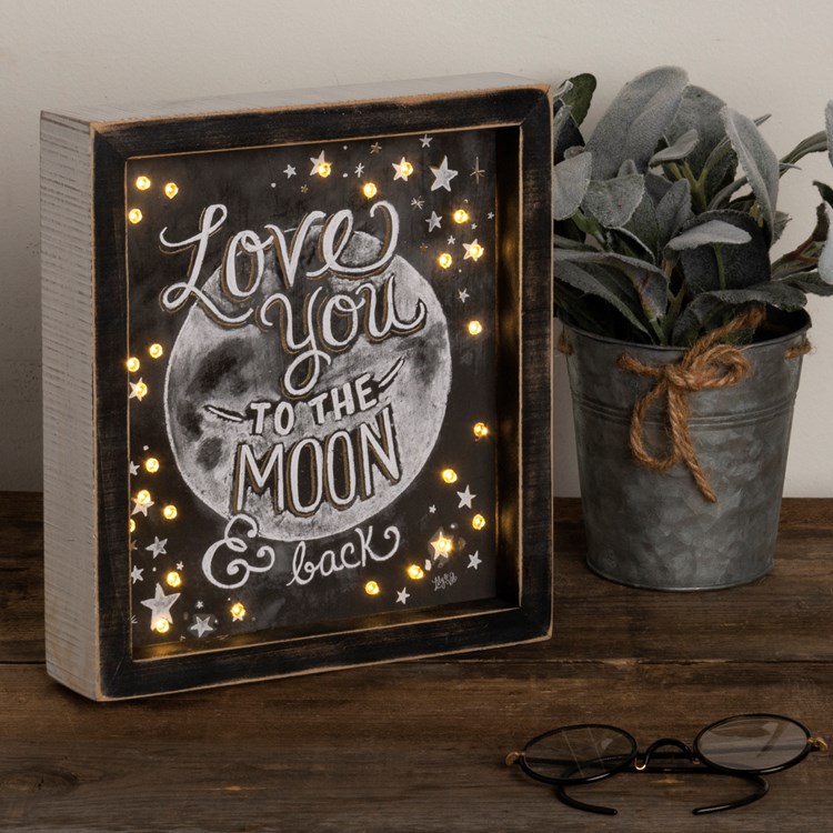 LED Chalk Sign - Love You To The Moon And Back - 8" x 9" x 1.75" - Wood, Paper, Lights