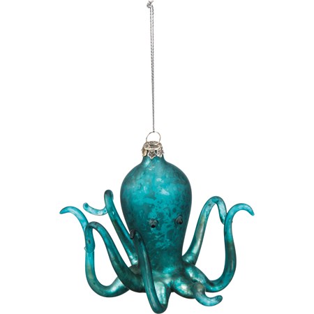 Glass Ornament - Blue Octopus - 4.50" x 3.50" x 4.50" - Glass, Metal