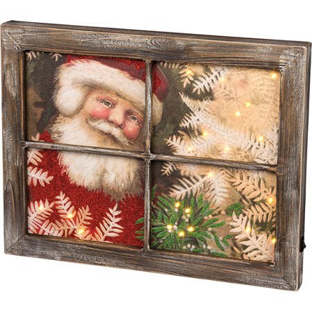 Santa Lighted Window Sign - Wood, Paper, Lights, Glitter