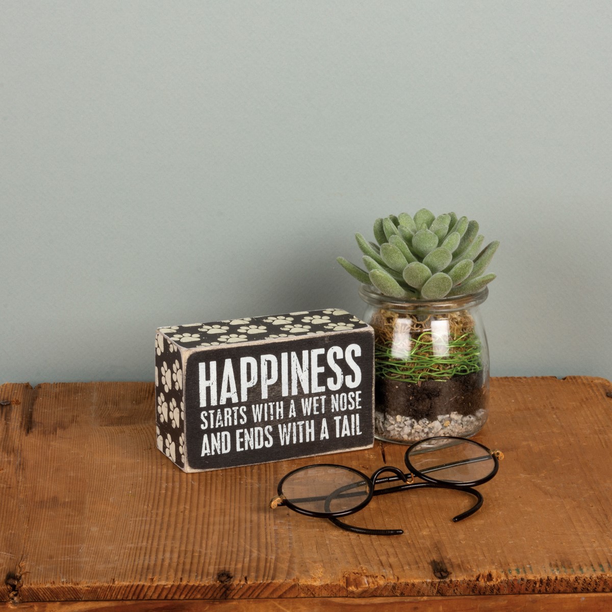Happiness Starts Box Sign - Wood, Paper