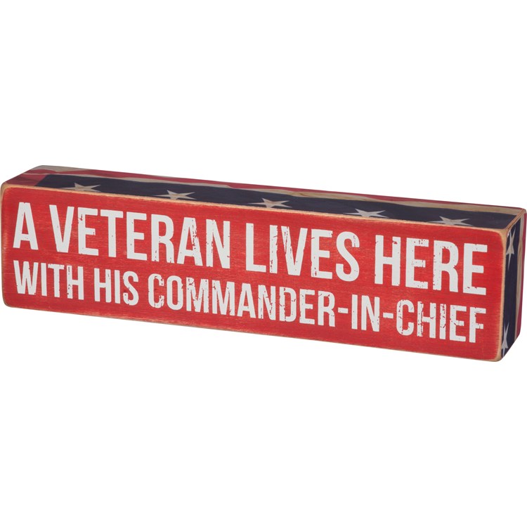 Box Sign - Lives Here With His Commander - 10" x 2.50" x 1.75" - Wood, Paper