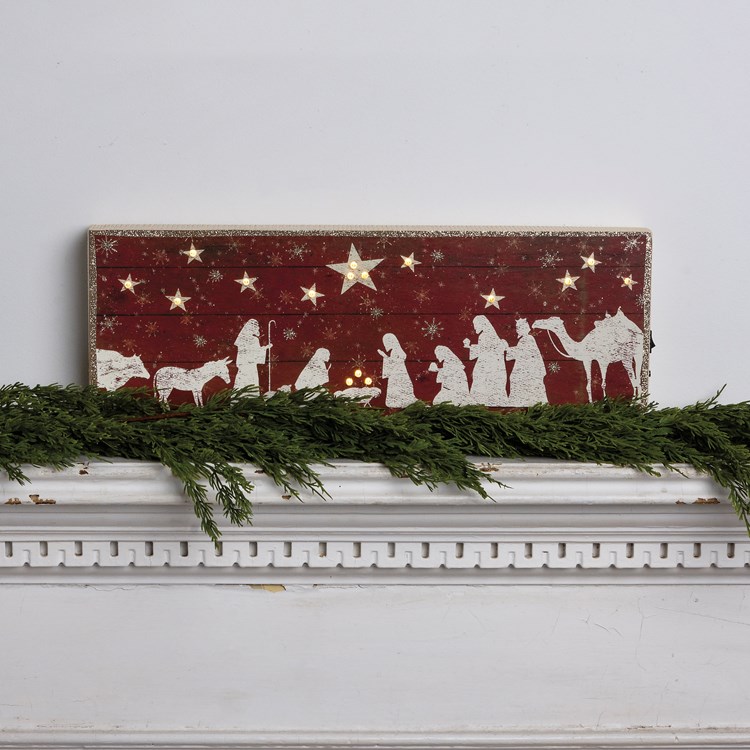 Nativity Scene Lighted Box Sign - Wood, Paper, Lights, Glitter