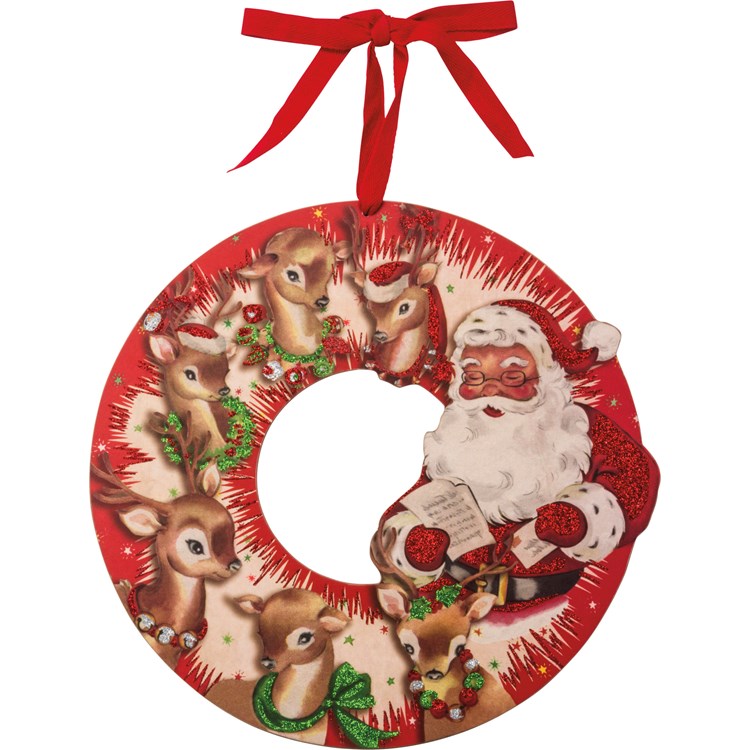 Red Retro Santa Wreath - Wood, Paper, Ribbon, Glitter