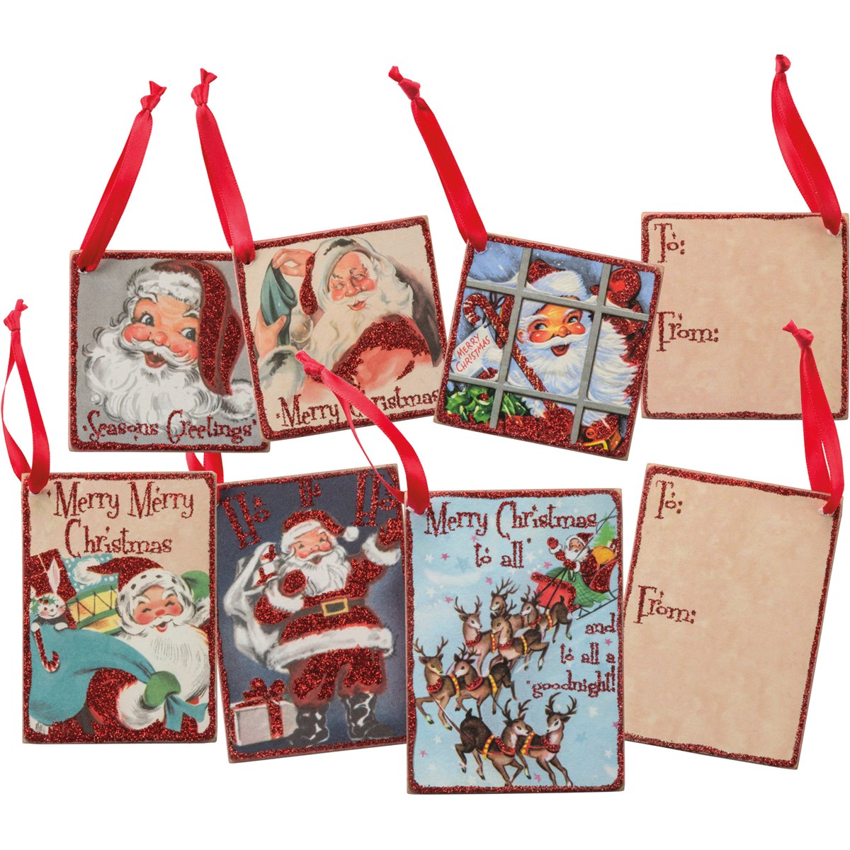 Retro Santa Gift Tag Set - Wood, Paper, Ribbon, Glitter
