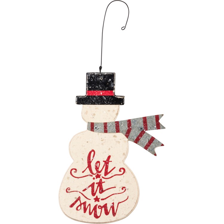 Let It Snow Snowman Ornament - Wood, Metal, Wire, Mica