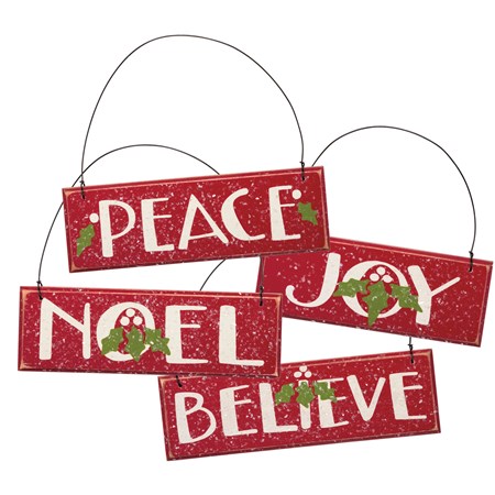 Peace Joy Noel Believe Ornament Set - Wood, Wire, Mica