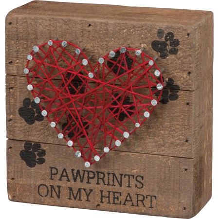 String Art - Pawprints on My Heart - 4.50" x 4.50" x 1.75" - Wood, Metal, String