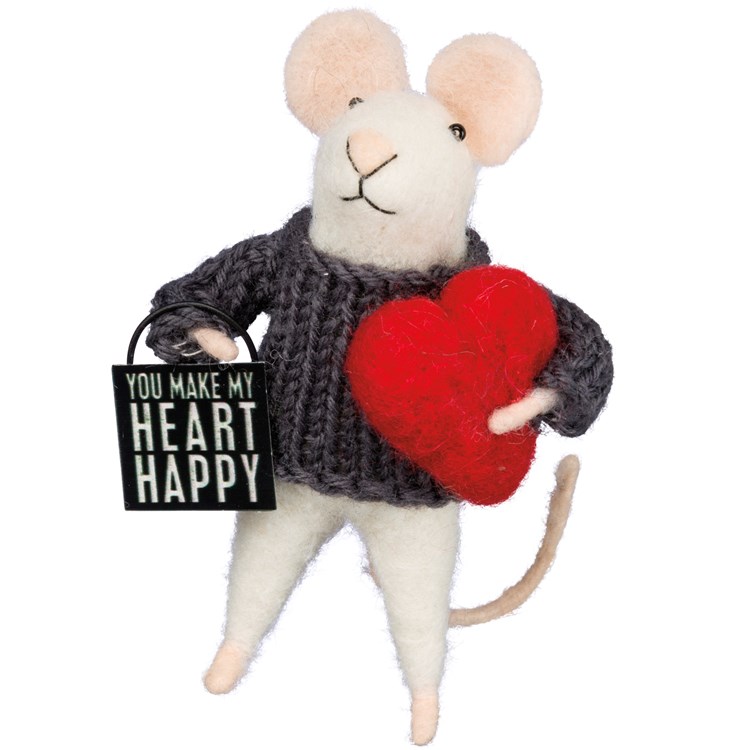 Critter - Heart Happy Mouse - 1.75" x 4.50" x 1.75" - Felt, Fabric, Metal