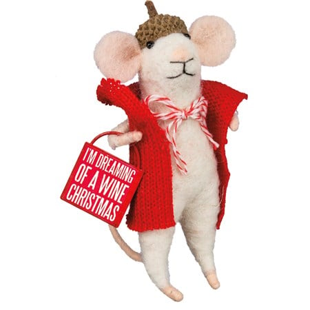 Wine Christmas Mouse Critter - Wool, Polyester, Metal, Wood