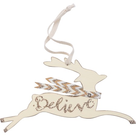 Believe Deer Ornament - Wood, Metal, Glitter, Cotton