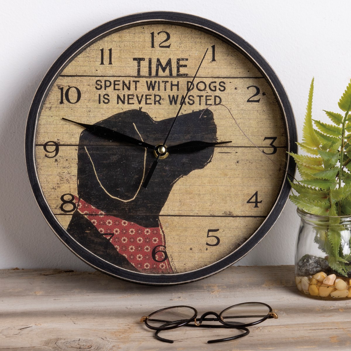 Clock - Time Spent With Dogs Is Never Wasted - 9.50" Diameter x 1.75" - Wood, Paper, Glass, Metal