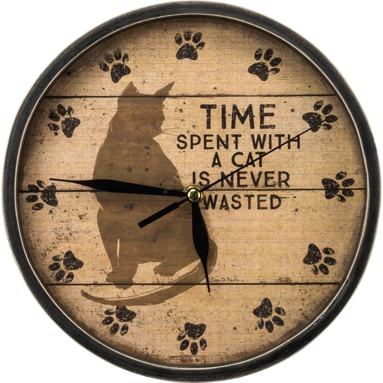 Time Spent With A Cat Is Never Wasted Clock - Wood, Paper, Glass, Metal