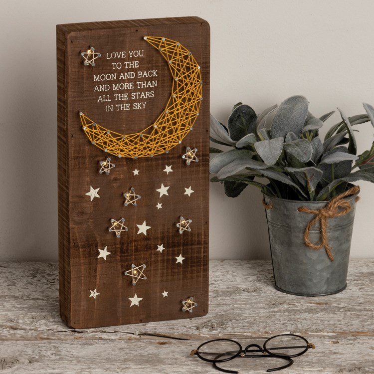 LED String Art - Love You To The Moon And Back - 6" x 12.50" x 1.75" - Wood, Metal, String, Lights