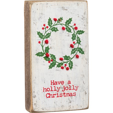 Stitched Block - Holly Jolly - 1.75" x 3.25" x 0.50" - Wood, String, Magnet