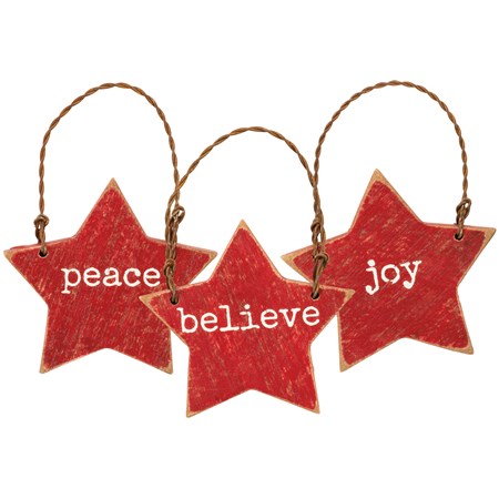 Slat Ornament Set - Joy Peace Believe - 2" x 2" x 0.25" - Wood, Wire