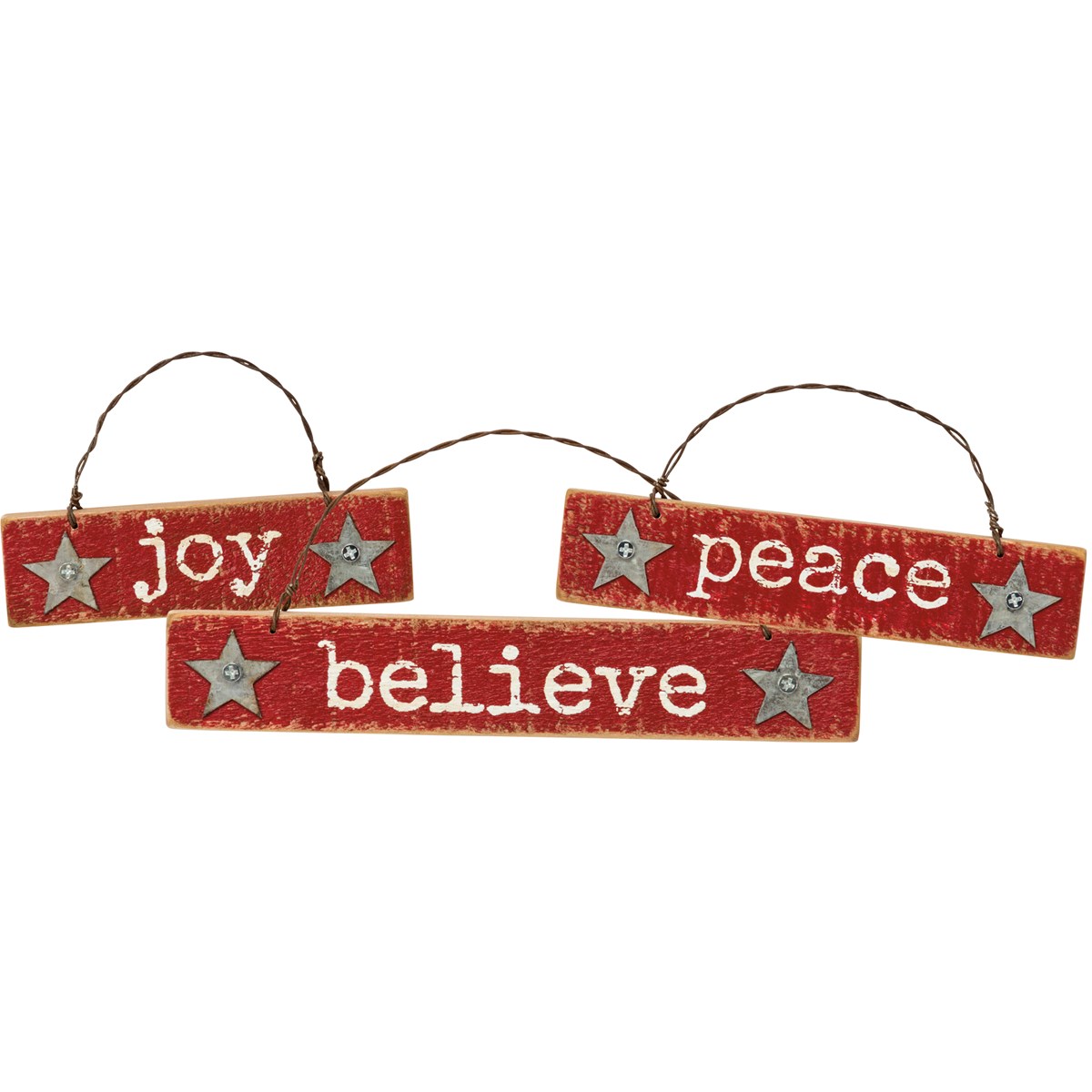 Joy Peace Believe Slat Ornament Set - Wood, Metal, Wire