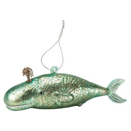 Glass Ornament - Teal Whale - 6.50" Long - Glass, Tinsel