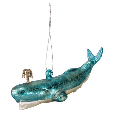 Glass Ornament - Blue Whale - 5.50" Long - Glass, Tinsel