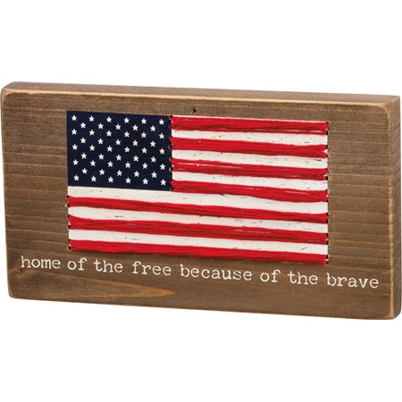 Stitched Block - Home Of  The Free - 6.50" x 3.50" x 0.50" - Wood, String, Magnet