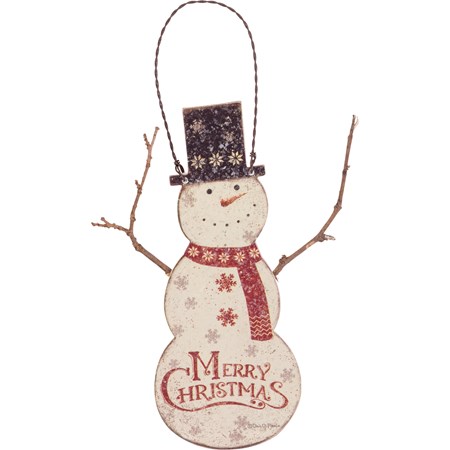 Merry Christmas Snowman Ornament - Wood, Paper, Wire, Mica