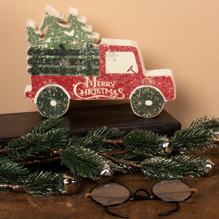 Tree And Truck Merry Christmas Chunky Sitter - Wood, Paper, Mica