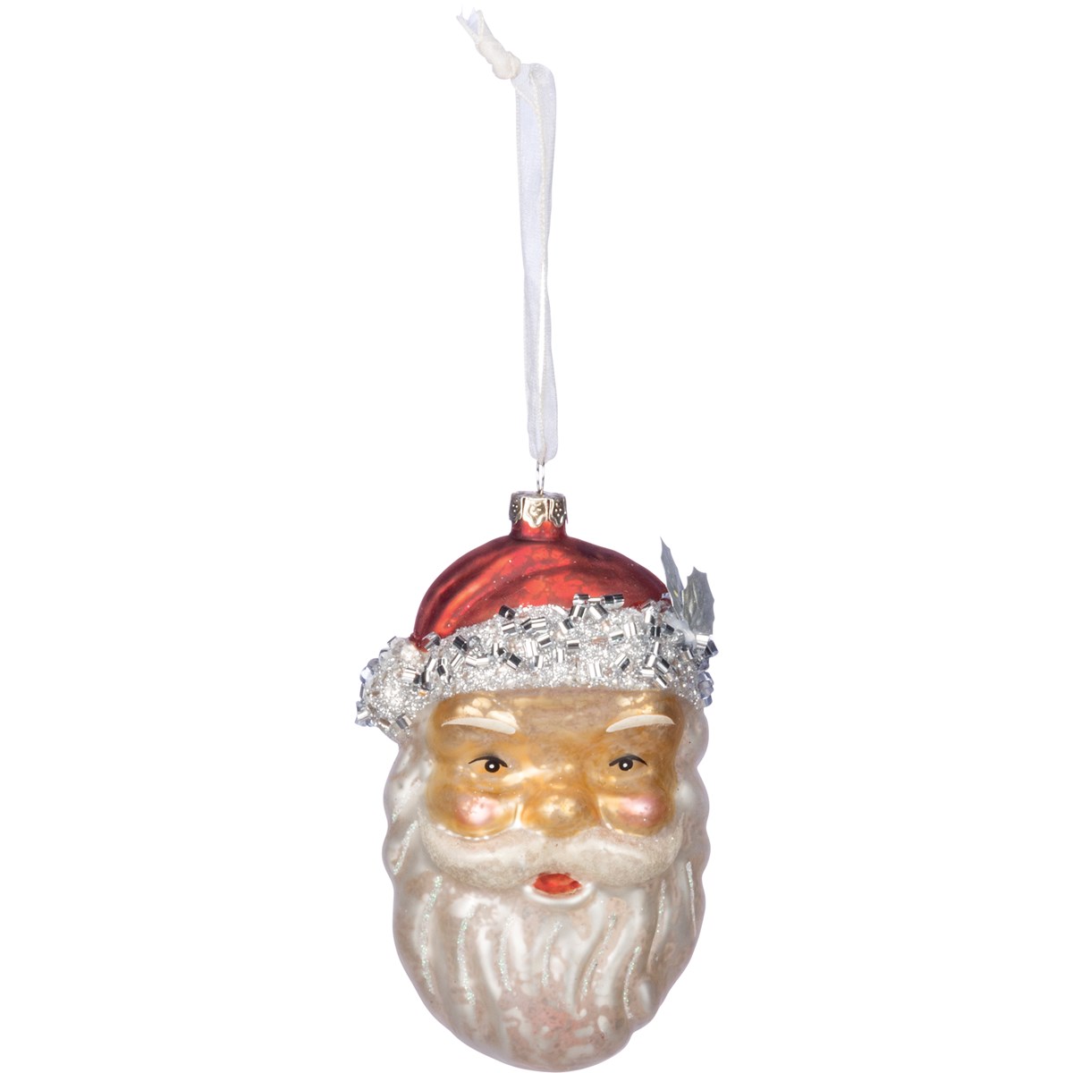 Santa Face Glass Ornament - Glass, Metal, Ribbon, Glitter